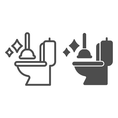 Toilet bowl and plunger line and solid icon, Hygie