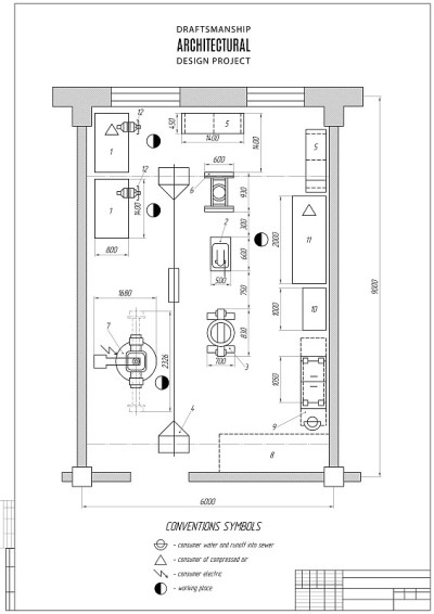 在白色背景上有框架的建筑计划或项目的技术图纸