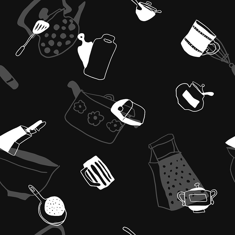 black pattern with kitchenware on the fabric in th