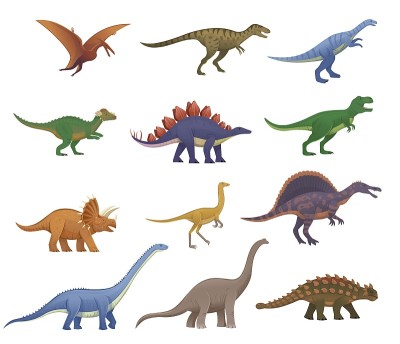一大套卡通恐龙。翼手龙、甲龙、剑龙、肿头龙、棘龙、暴龙、tarbosaurus、三角龙、gallim