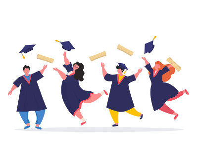 一群穿着黑外套的大学毕业生欢呼雀跃。文凭和毕业帽在空中飞舞。