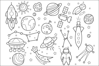 矢量集手绘空间对象。飞碟的外星人，宇宙飞船，火箭，宇航员，宇宙卫星，恒星和不同的行星。素描风格的图标