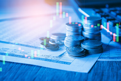 在会计报表上用交易图、金融投资概念来堆叠钱币。