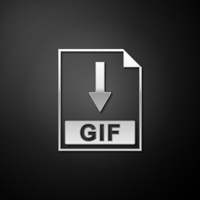 银色GIF文件文档图标。下载GIF按钮图标孤立的黑色背景。长长的阴影风格。向量