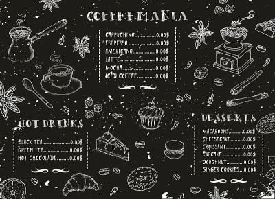 Coffeemania。咖啡餐厅宣传册矢量，咖啡店菜单设计。