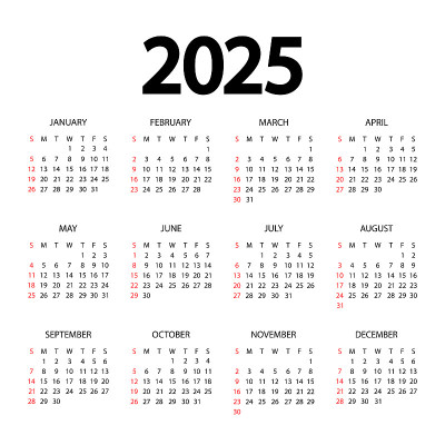 日历模板为2025年。极简主义风格的计划日记。一周从星期天开始。年度日历模板。原型设计在黑色和白色的