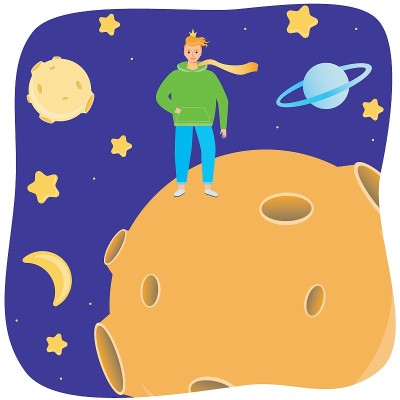男孩在空的星球，星星和周围的空间，平面矢量股票插图与现代小王子在运动衫与围巾和皇冠