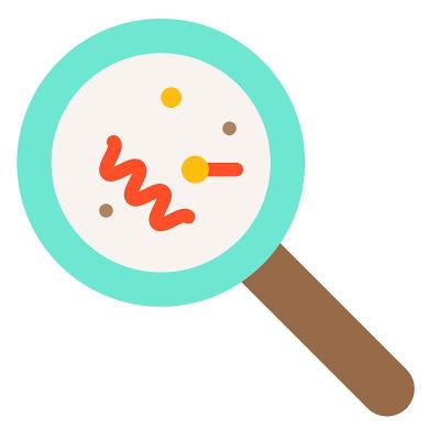 放大玻璃与细菌矢量插图，平面风格图标