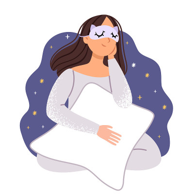 戴着睡眠面罩的女孩想睡觉了。早上不想起床。简单手绘插图。简约优雅的概念。