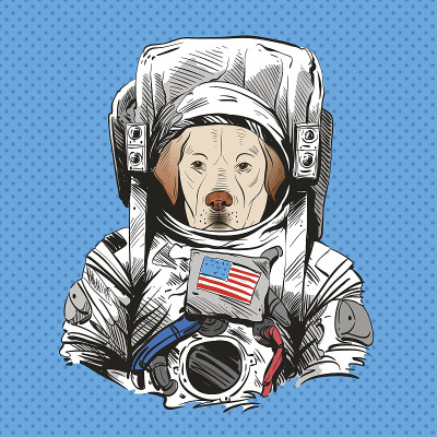 穿着太空服的拉布拉多狗。手绘矢量图
