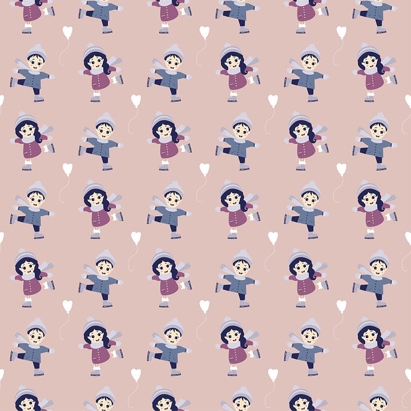 Seamless patterns. Childrens winter. Boy and girl 