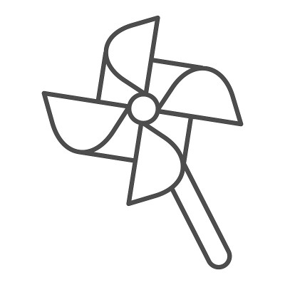 风车玩具细线图标，儿童玩具概念，叶片纸玩具标志在白色的背景，风车图标在轮廓风格的移动概念和网页设计。
