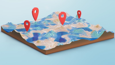 横截面3D地图与红点标记。等高线地形图上的等高线研究该地区的地理:山丘、山脉和平原。地图上的指针，导