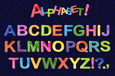 泡泡卡通字体。彩色3d果冻字母表的孩子。孤立。矢量图