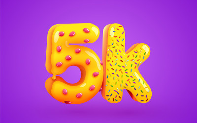 5k或5000粉丝的甜甜圈甜点标志。社交媒体上的朋友，粉丝。谢谢你！为订阅者或追随者庆祝。