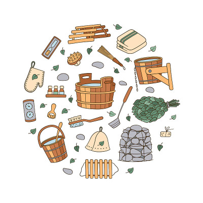 Set of hand drawn bathhouse and sauna accessories.