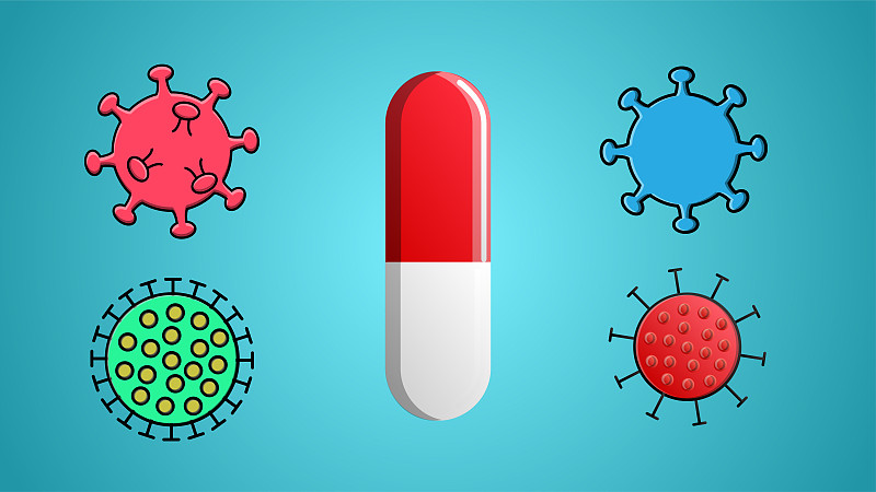 医用胶囊药丸药物和疾病致命的冠状病毒感染covid-19大流行病毒分子在蓝色背景