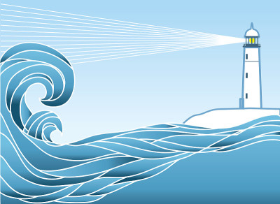 蓝色地平线海景。矢量插图与灯光