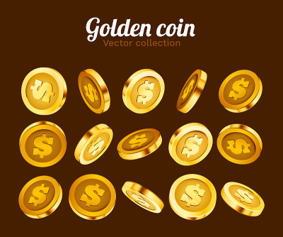 3d黄金孤立的硬币集。不同的职位。飞天金币，金雨背景。头奖或成功的概念。