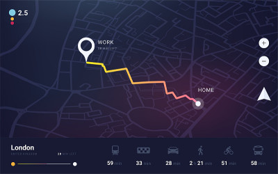 GPS跟踪。带有导航UI的城市地图应用程序。跟踪从家到办公室的路径和路线。在伦敦的平面图上确定位置。