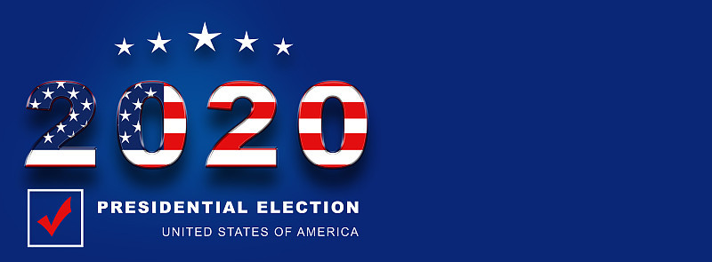 美国2020年总统选举美国人投票，水平横幅设计在蓝色背景。插图。文本复制空间。横幅
