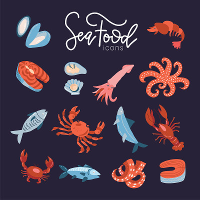 Seafood fish menu restaurant icons set with crab s