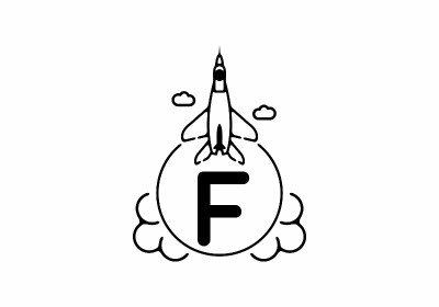 黑色线条艺术的F首字母与飞行喷气设计