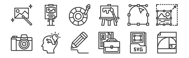 12 set of linear graphic design icons. thin outlin
