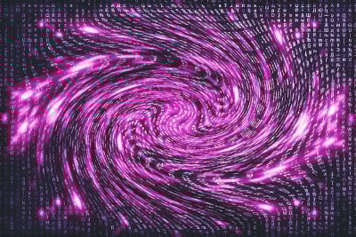 粉色矩阵数字背景。扭曲的网络空间的概念。人物落入虫洞。入侵矩阵。虚拟现实设计。复杂的算法数据黑客。粉