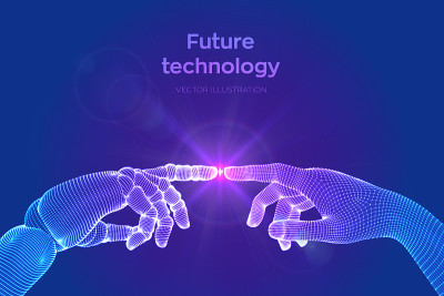 Hands of Robot and Human Touching. Cyborg finger a