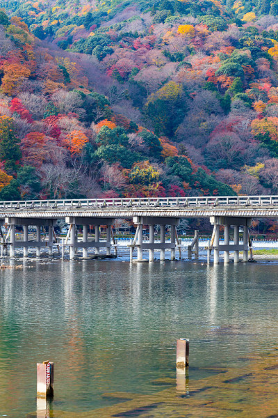 木桥跨河，背景为山坡