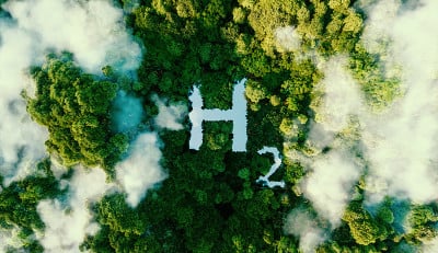 这个概念隐喻地把氢描绘成一种生态能源，形式是原始丛林中的一个池塘。3 d渲染。