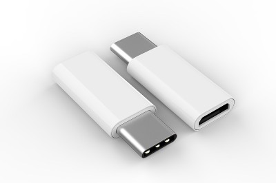 空白Micro USB适配器数据充电转换器电缆连接器Android到USB类型C品牌。3d渲染插图。