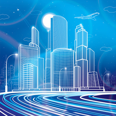 宽发光的高速公路。现代晚上小镇。交通霓虹灯。汽车天桥。基础设施概述插图，城市场景。蓝底白线。矢量设计