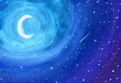 在夜晚的水粉画中，蓝色的云朵和星星之间的童话月亮。