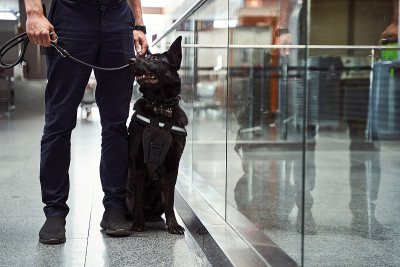 安检人员带着警犬站在机场玻璃墙旁