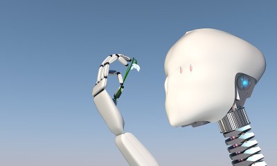 男女皆知的机器人手持雪花莲的3D插图