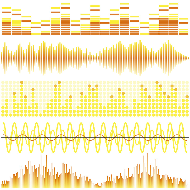 黄色声波矢量集。音频均衡器。声音和音频波