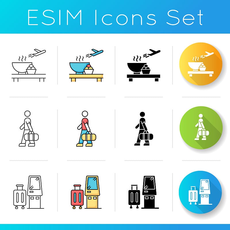 Airport terminal icons set. Serving food in aircra