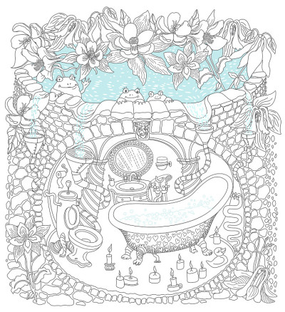 矢量轮廓细线插图。有水仙花的童话湖，中世纪的地下屋浴室，公寓洞穴。成人涂色书页，t恤印
