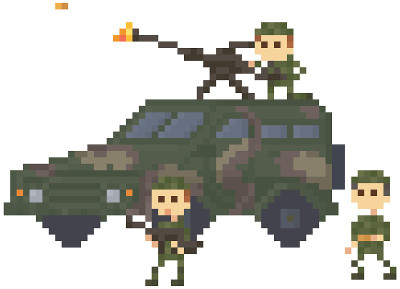 士兵在近距离战斗的制服伪装运输为像素游戏设计矢量插图
