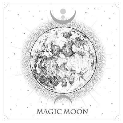 现代魔术魔术卡与占星满月。月亮的写实手绘插图