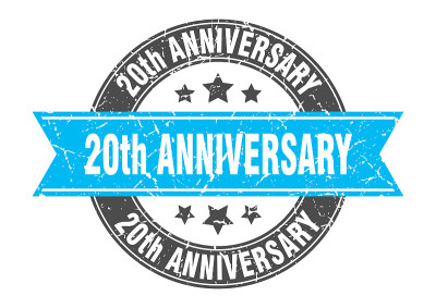 20周年纪念绿松石丝带圆形邮票。20周年