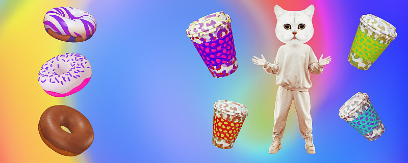 时尚拼贴横幅。搞笑猫咪的办公室生活。甜甜圈和咖啡。理想的社交网络，推广。