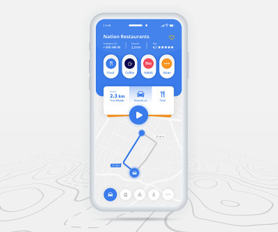 地图GPS导航ux ui概念，智能手机地图应用程序在屏幕上的目的地点，App搜索地图导航，技术地图，
