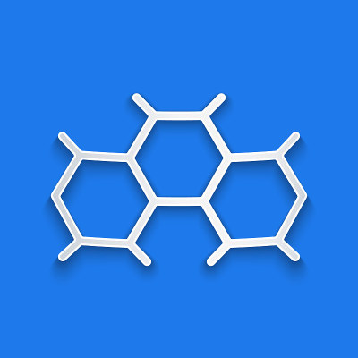剪纸化学公式图标孤立在蓝色背景。摘要六边形用于创新医药、卫生、科研和科学。纸艺术风格。向量