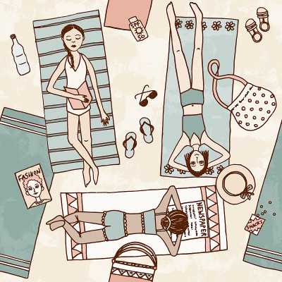 手绘插图的女孩在海滩寒冷