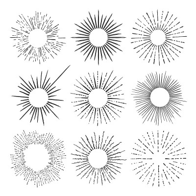 集时尚手绘复古sunburst/爆裂光线设计元素。
