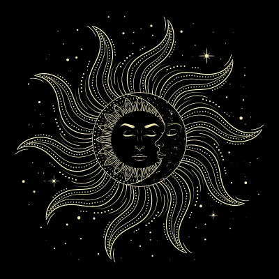 太阳和月亮，男人和女人的面孔在黑色的背景，复古的神秘符号艺术。矢量图