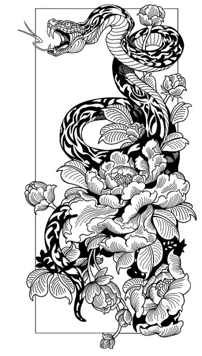 蛇和牡丹花。黑白插图
